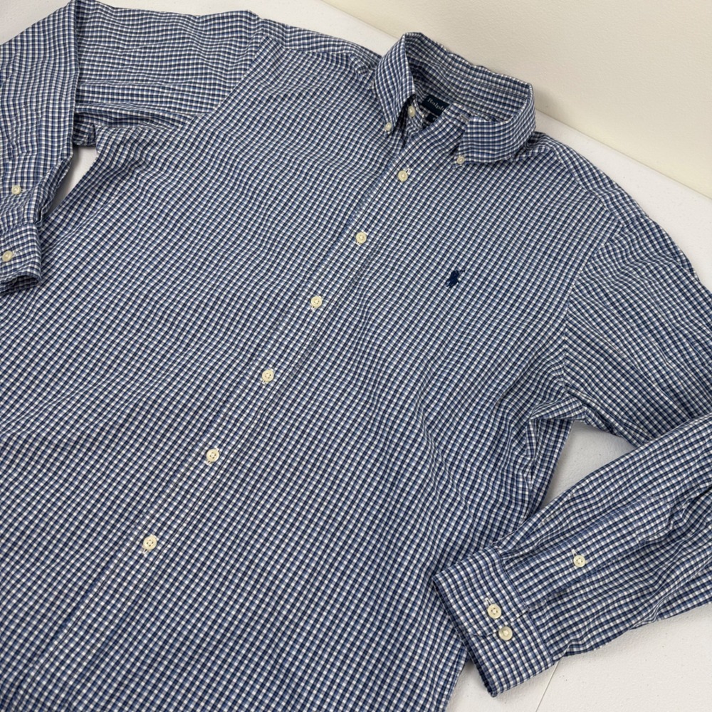 Ralph Lauren Mens Classic Fit Gingham Button Down Shirt Blue White 15.5 32/33